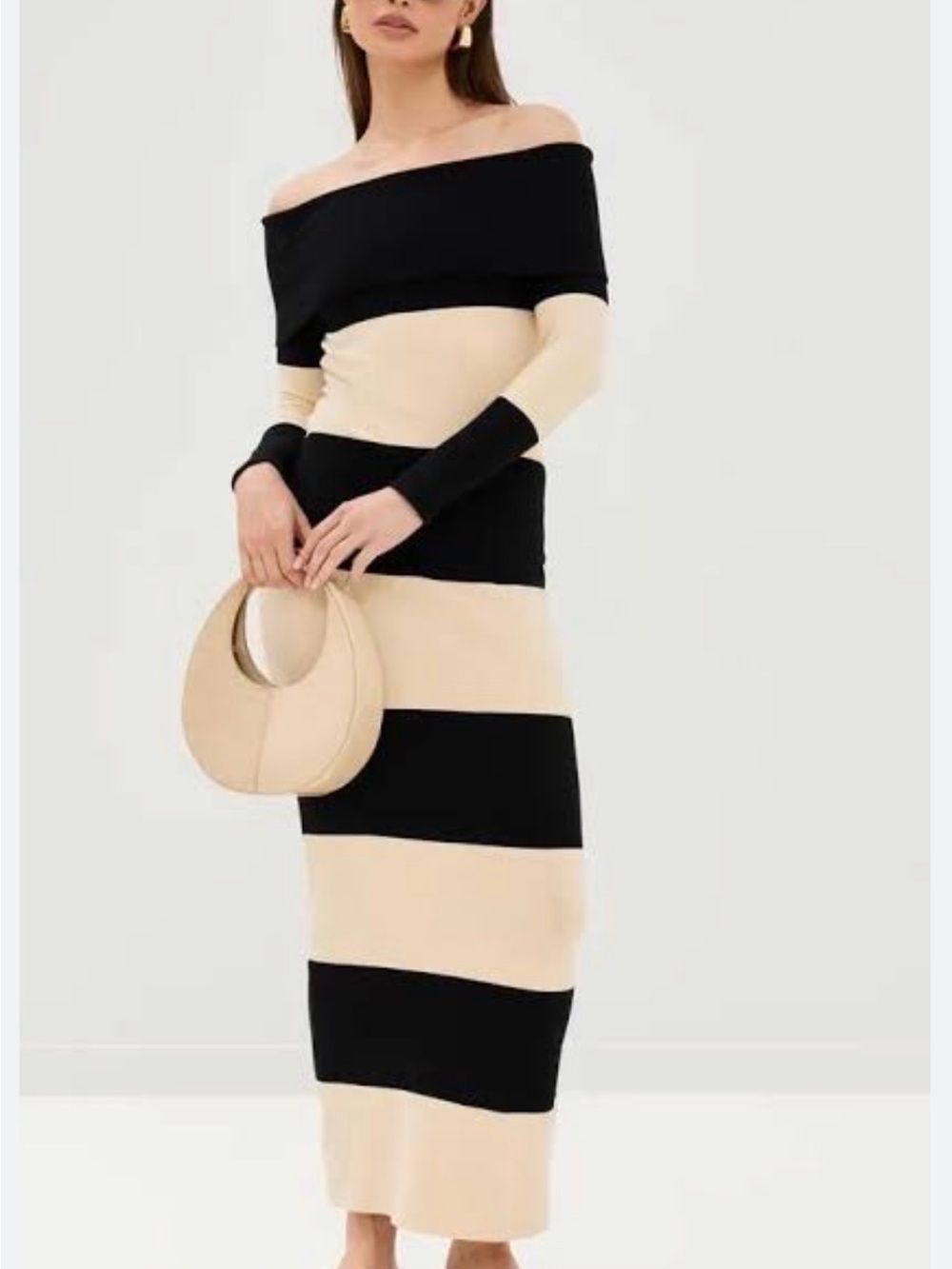 Posse Off‑Shoulder Striped Maxi Dress in Black & Cream